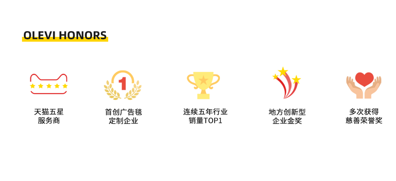 天貓五星服務商；首創廣告毯定制企業；連續五年行業銷量TOP1；地方創新型企業金獎；多次獲得慈善榮譽獎。
